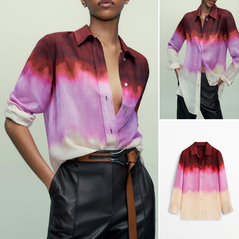 Blus Zara Musim Panas 22 Kemeja Tirai Warna Tie-Dye Gaya Baru Kerah Lengan Panjang Longgar Kasual Ko