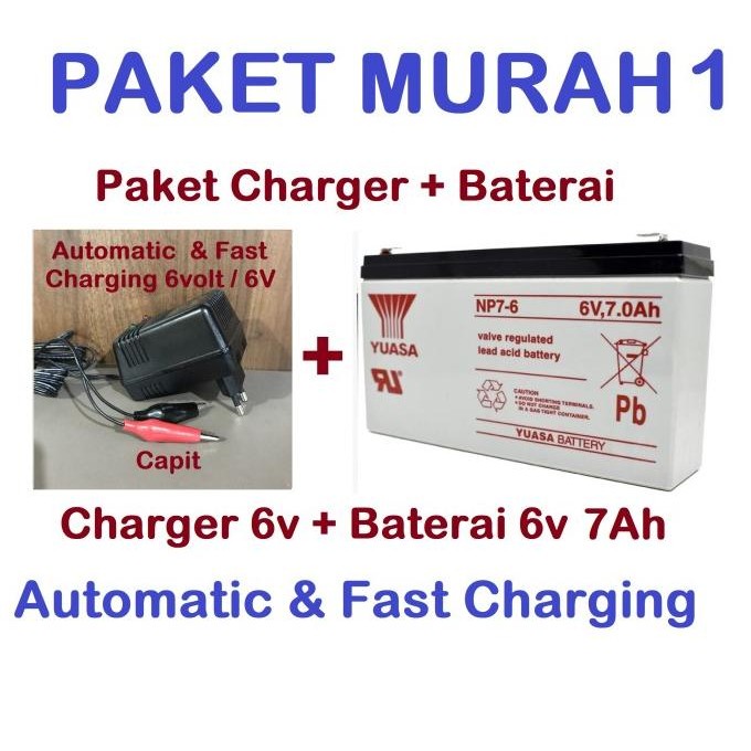 Paket Charger + Aki Baterai Mobil motor mainan Anak Yuasa 6v 7ah 7.2ah