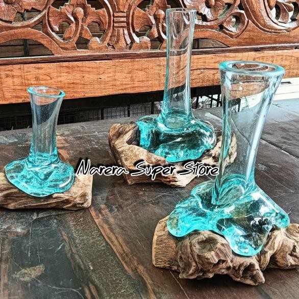 Vas Bunga C 15 Cm Kaca Tiup Alas Akar Kayu Ekonos Natural