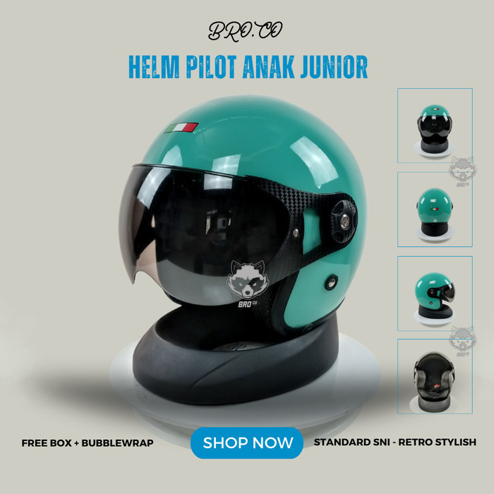 HELM PILOT RETRO ITALY ANAK ANAK JUNIOR HALF FACE HIJAU PASTEL GLOSSY