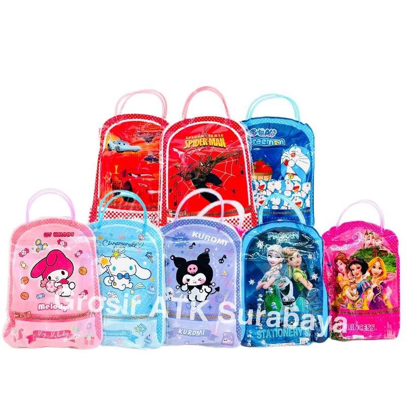 

STATIONERY SET TAS 2235 / Paket Alat Tulis Bentuk Tas Kuromi Cinnamorol Spiderman Cars Princess Untuk hampers / goodie bag Ulang Tahun