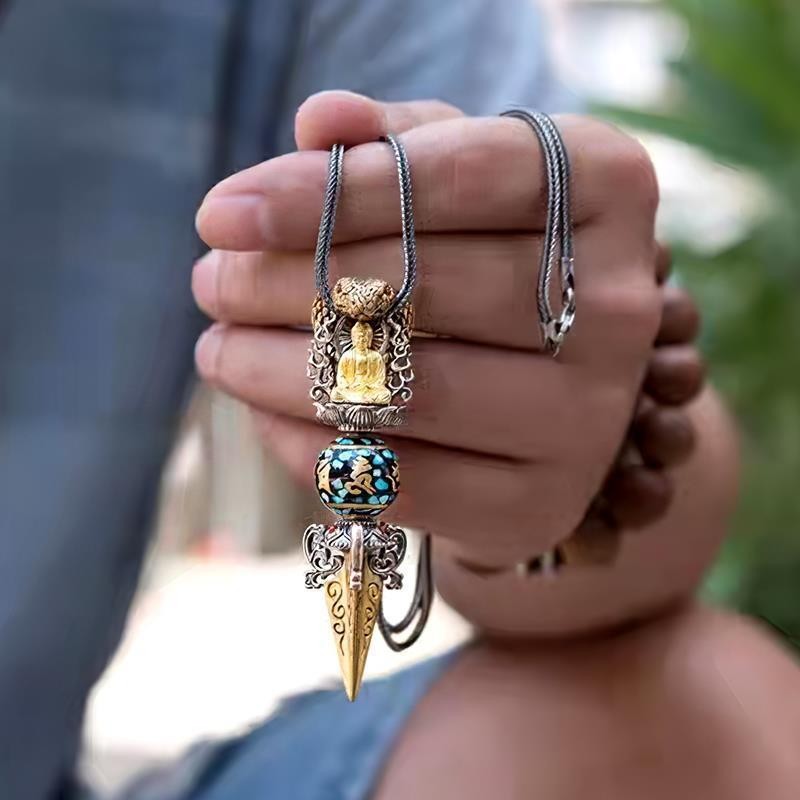 Sakyamuni Six Words Mantra Rotating Turquoise Beads Vajra Pendant Sterling Silver Men's and Women's 