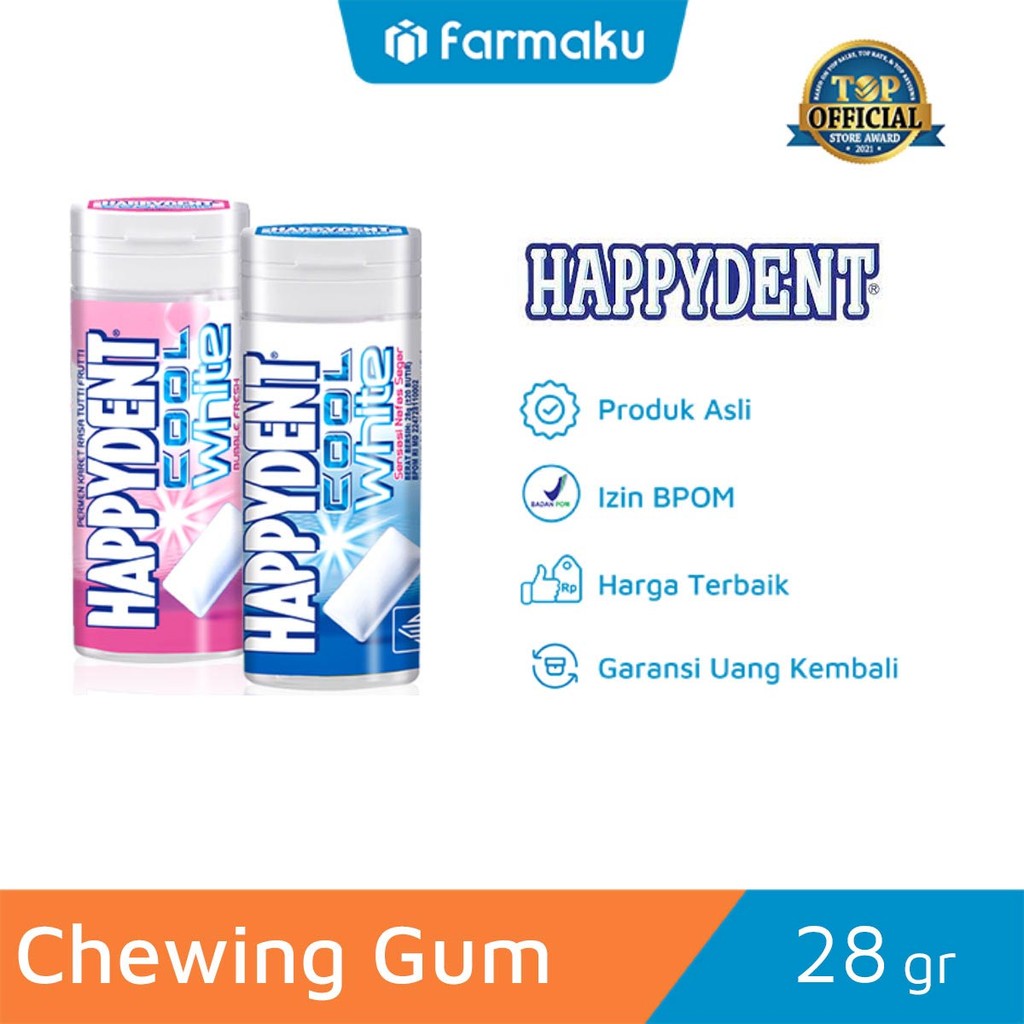 

Happydent Cool White Pocket Bottle 28 gr - Permen Karet Rasa Mint