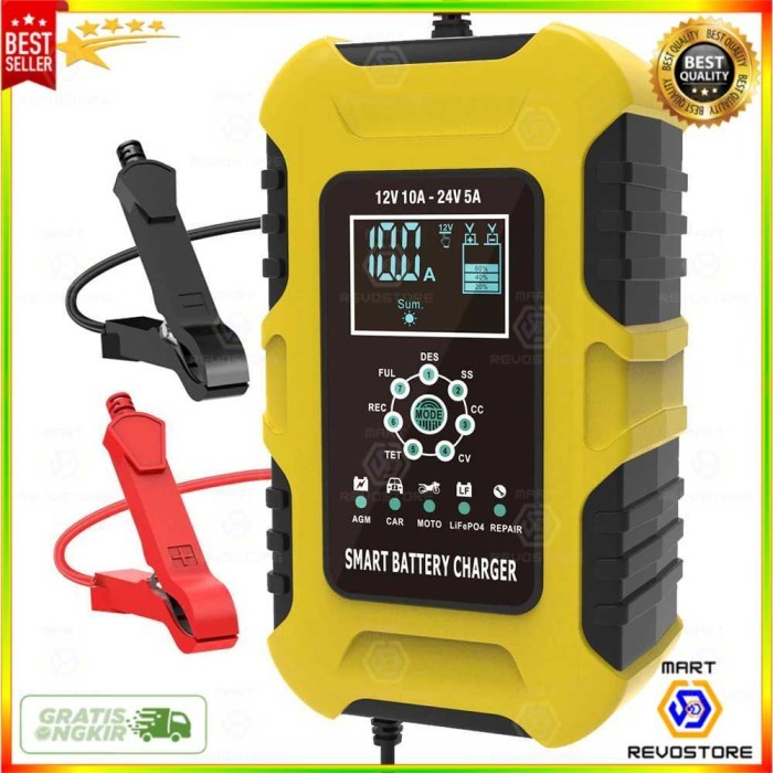 Charger Aki Portable 12V/24A 10A 6-180Ah Mobil Motor Lcd Foxsur