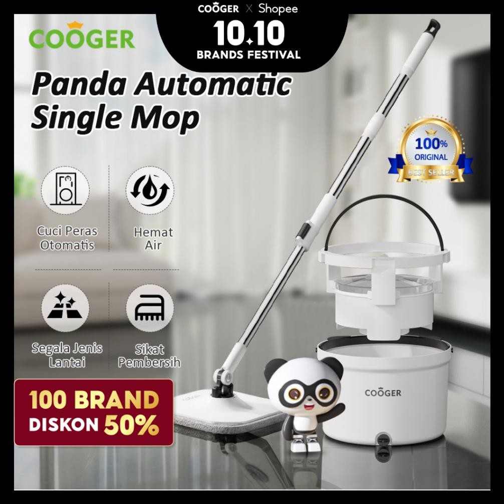 COOGER Alat Pel Single Spin Mop Panda Bucket Spin Mop Alat Pel Lantai 2IN1 Dalam Satu Ember Pel Puta