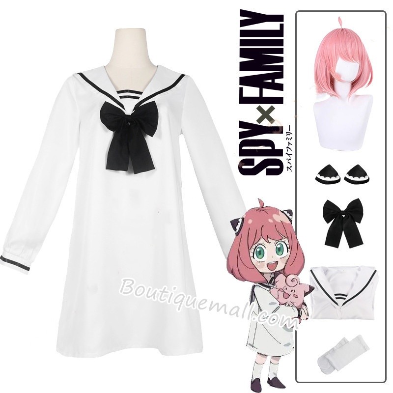 Spy X Family Anya Forger Whit Dress Kostum Cosplay Anime JK Seragam Pelaut Jepit Rambut Kaus Kaki Wi