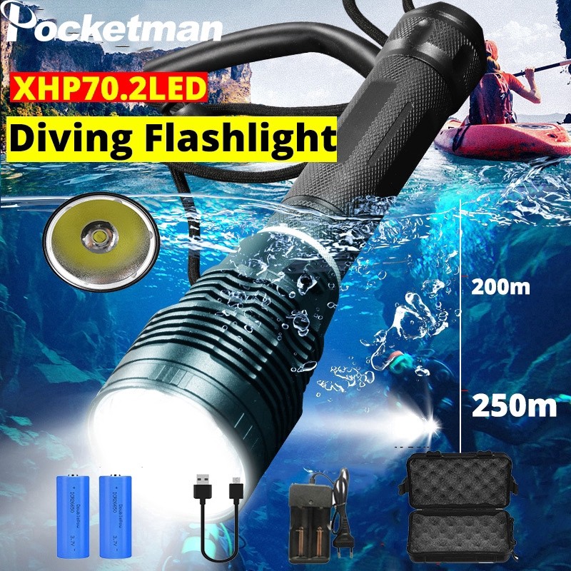 Lampu LED XHP70 Senter LED Menyelam Senter Scuba Diving Paling Terang Bawah Air 200-300M Senter Taha