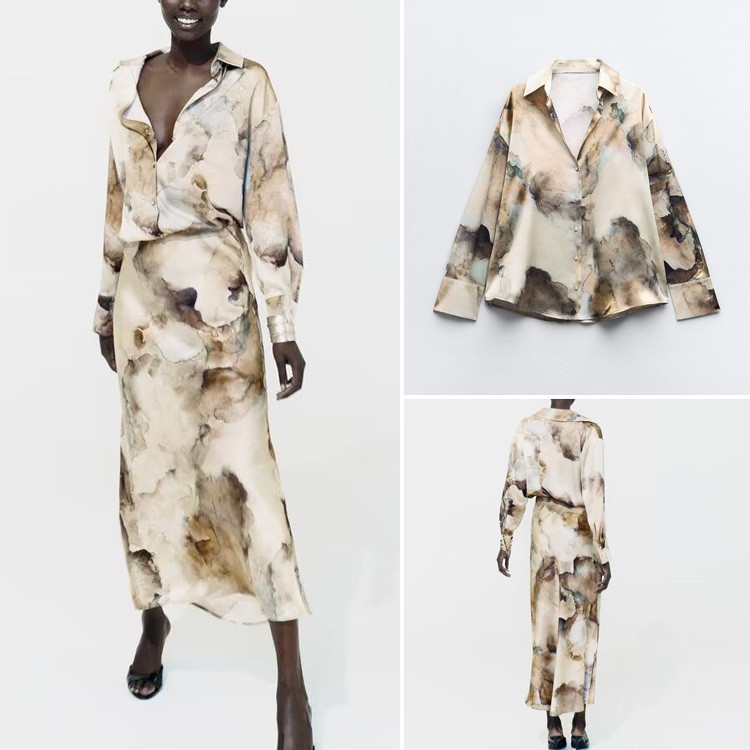 Zara Kemeja + Rok Tekstur Satin Sutra Tie-Dye Gaya Baru Musim Semi 6962025 6962021 |BAE555E1|