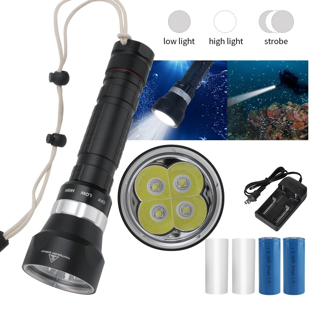 Boruit 4000 Lumen 4 * XM-L2 LED Senter Selam Tahan Air Bawah Air 100M Scuba Lante Lampu Menyelam Lam