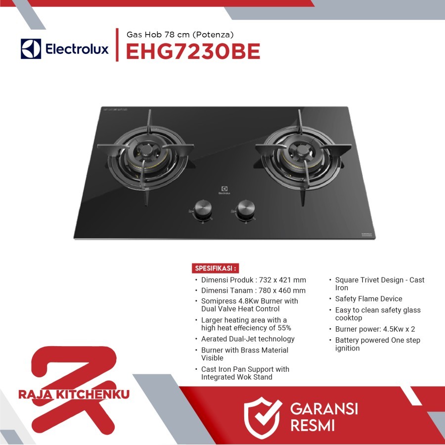 Electrolux Kompor gas tanam EHG7230BE 2 tungku 78cm bergaransi