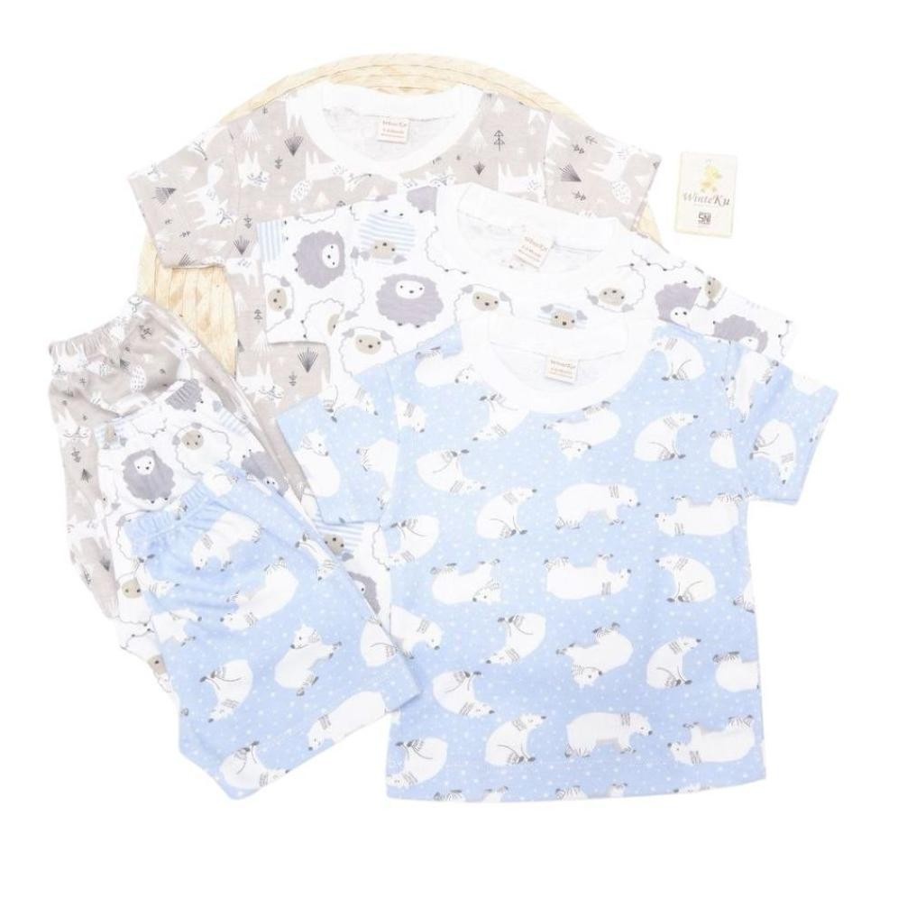 Winteku 3 Pcs Piyama / Setelan Baju Oblong Pendek Tanpa Kancing + Celana Pendek Print Motif Bayi Ana