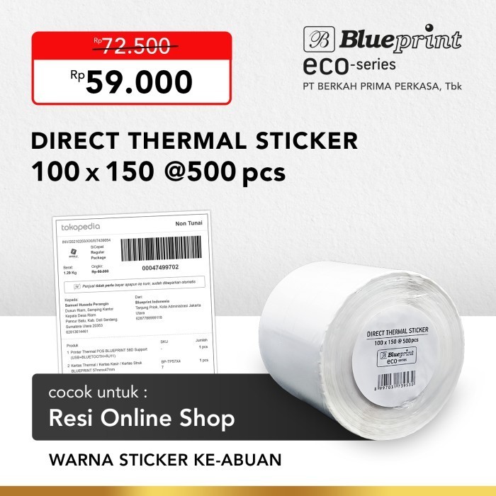 

Terlaris KERTAS THERMAL STIKER LABEL RESI 100x150 BLUEPRINT ECO @500 Pcs SALE