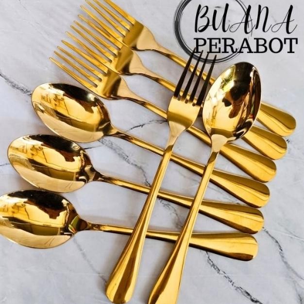 1 Set Sendok Makan Emas Dan Garpu Makan Emas Tebal Stainles / Sendok Restoran Sendok Hotel