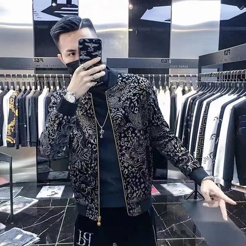 Jaket Bisbol Pria, Jaket Baseball Beludru Emas Stasiun Eropa, Jaket Kasual