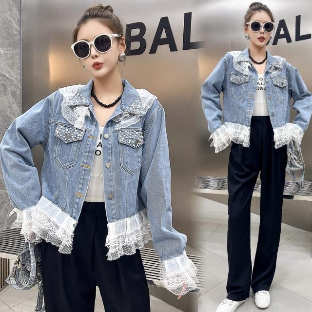 Jaket Denim Perca Renda untuk Wanita, Jaket Denim Perca Renda Desain Korea Ukuran Plus, Jaket Crop M
