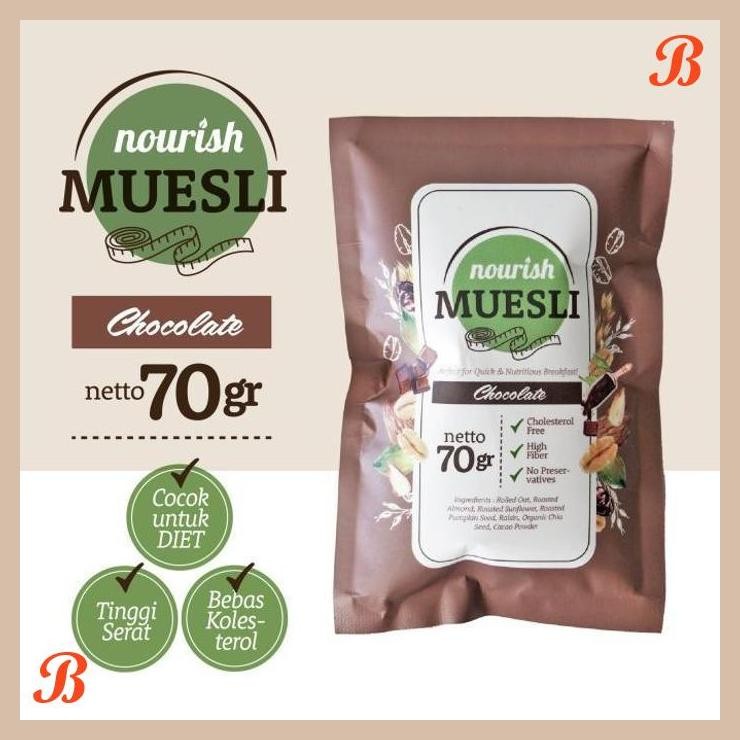 

| NN | NOURISH MUESLI CHOCOLATE (BEBAS KOLESTEROL, TINGGI SERAT, VEGAN)