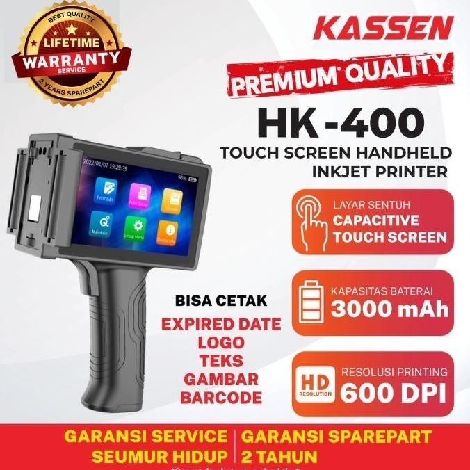Kassen HK400 Printer Inkjet Genggam 600 dpi, Tinta Cepat Kering, Touchscreen 5 Inci, Garansi 2 Tahun