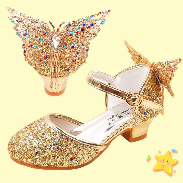 Sandal Anak Princess Hak Tinggi dengan Sayap Renda Putri Sepatu Kristal Emas Performa Anak Korea Gad