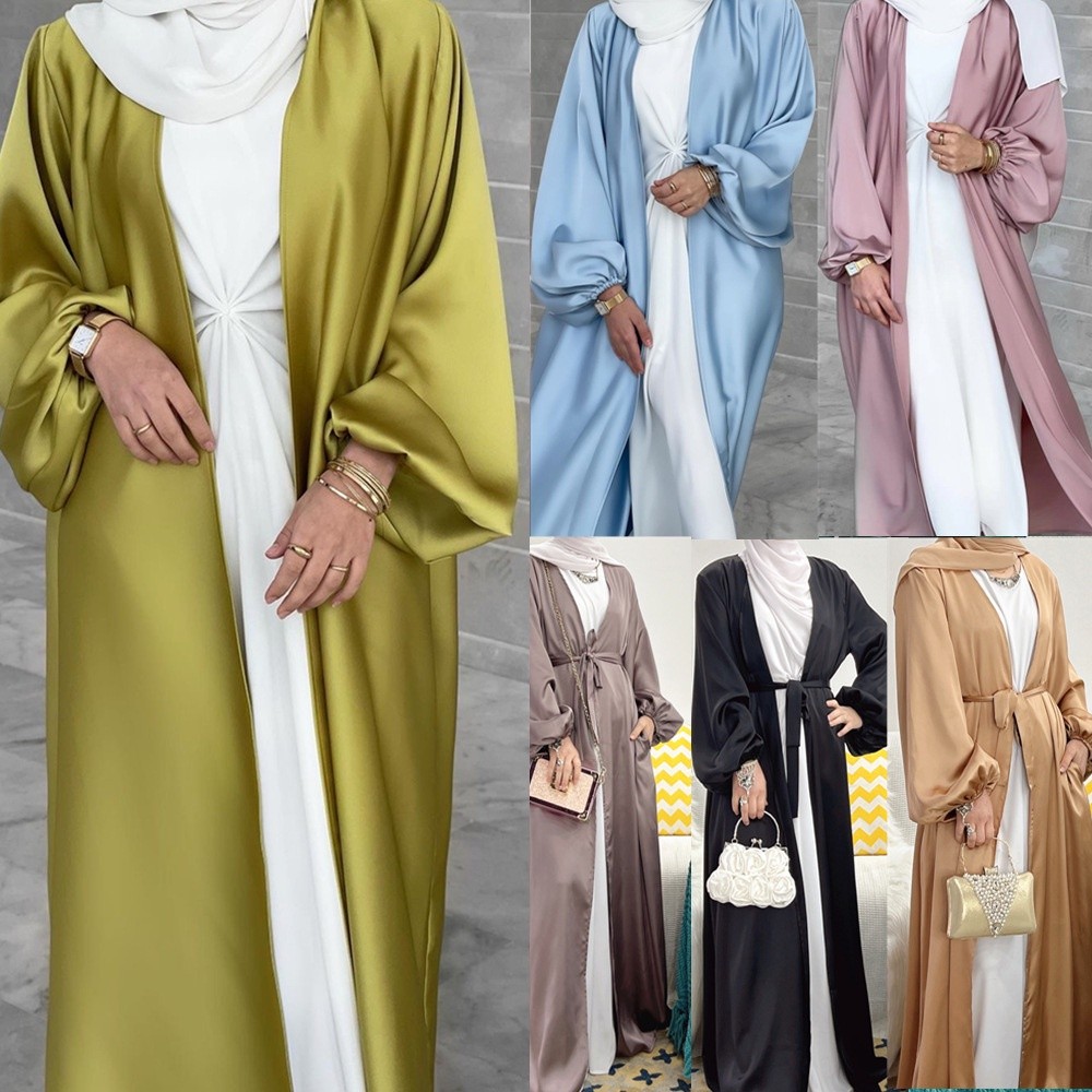 Kain Sutra Berkualitas Tinggi Kardigan Cardigan Solid Color Robe Ramadan Muslim Wanita Gaun Panjang 