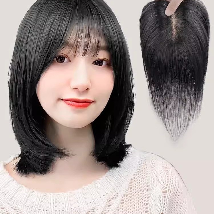 Set Wig Penutup Pengganti Rambut Kepala Wanita, Lampu Poni Rambut Asli Botak
