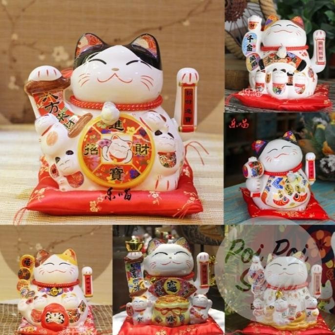Kualitas terbaik] Patung Pajangan Boneka Kucing Hoki Premium Keramik 20cm Maneki Neko