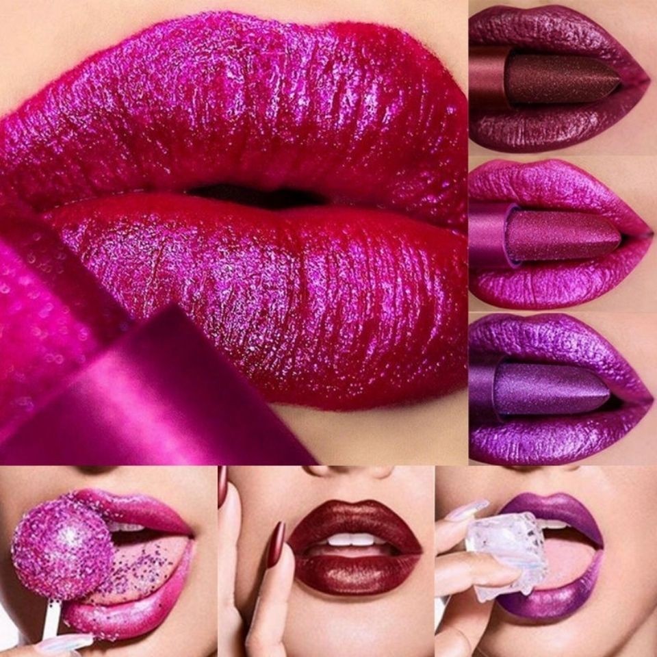 Lipstik Warna Metalik Tahan Lama, Lip Gloss Berlian Berkilau Bibir Terpolarisasi Pernis Bibir Cair E