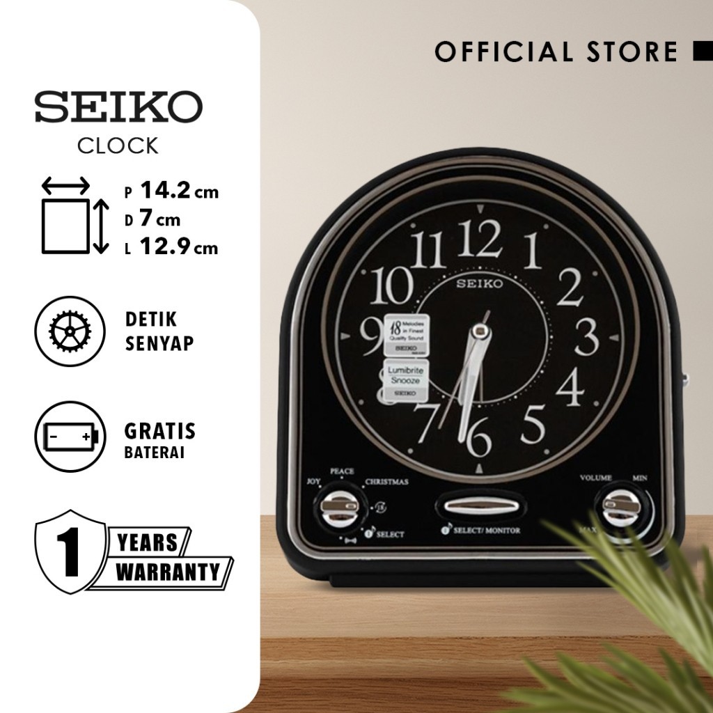 Seiko Clocks Jam Weker Beker Seiko QHP003K Detik Senyap Black Dial