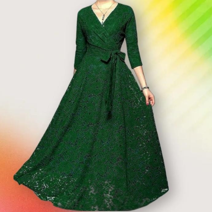 Gamis hana dress hijau botol Baju pesta brukat jumbo murah ich at H32S