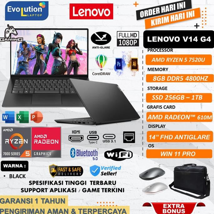 Menarik  Laptop Gaming Lenovo V14 G4 Amd Ryzen 5 7520U Ram 8Gb Ddr5 512Gb Fhd