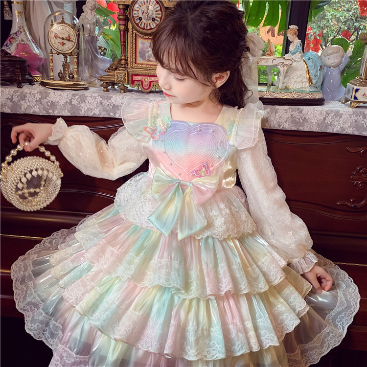 Girl Rainbow Cake Dress/Western Style Piano Dress/Umbrella princess dress