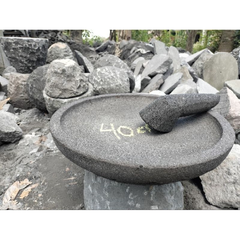 KULITAS TERBAIK- Cobek/Coet Asli Batu Gunung Merapi Ukuran 40cm Free Packing Kayu