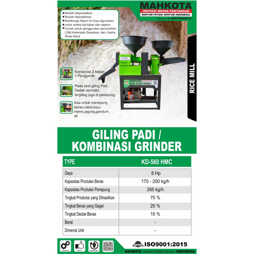 KULITAS TERBAIK- (KD560HMC MAHKOTA) Mesin Giling Padi KD560 HMC MAHKOTA / Rice Mill Polisher Mesin