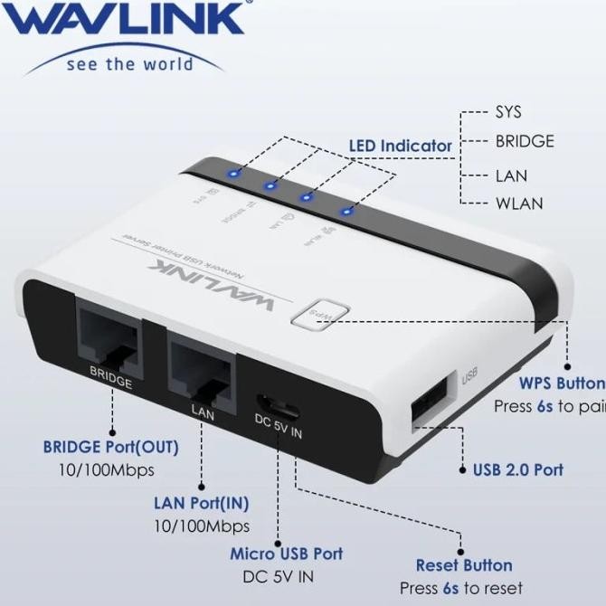NEW WAVLINK WL-NU516U1 WIRELES USB PRINT SERVER WIFI 2.4G 10/100Mbps