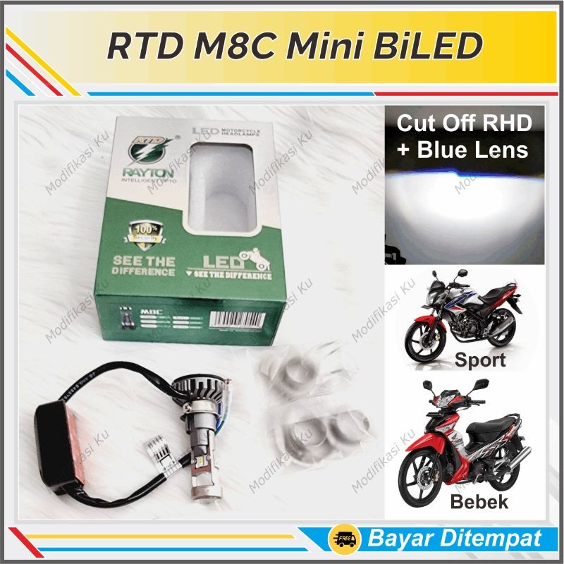 LAMPU UTAMA DEPAN RTD M8C MINI PROJI RASA BILED MOBIL MOTOR 35W BLUE LENS CUT OFF RHD H4 H6 H7 SUPER
