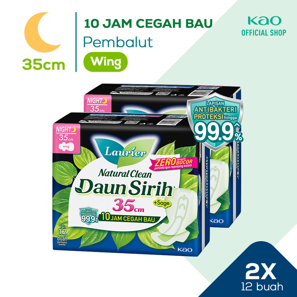 Laurier Natural Clean Pembalut Wanita Daun Sirih Anti Bakteri Night 35cm Wing - Bersih Alami Cegah B