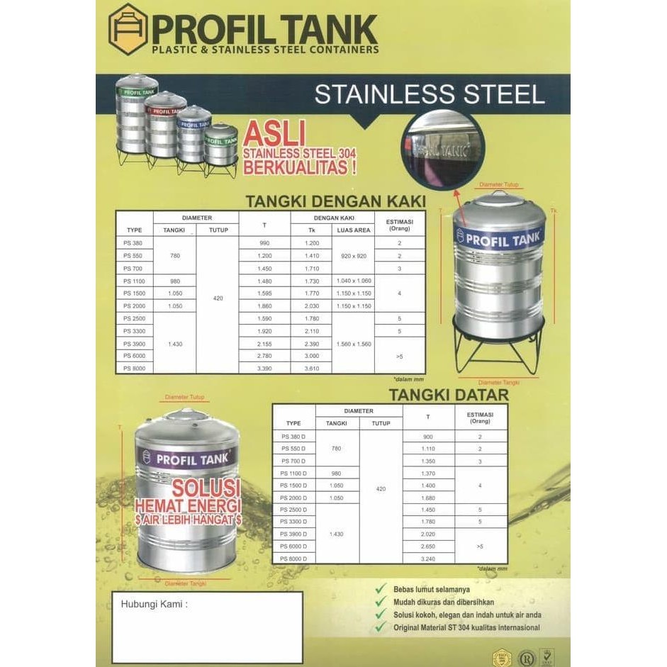 Tangki Air / Tandon Toren Stainless Profil Tank Tipe Ps-1500  Ready