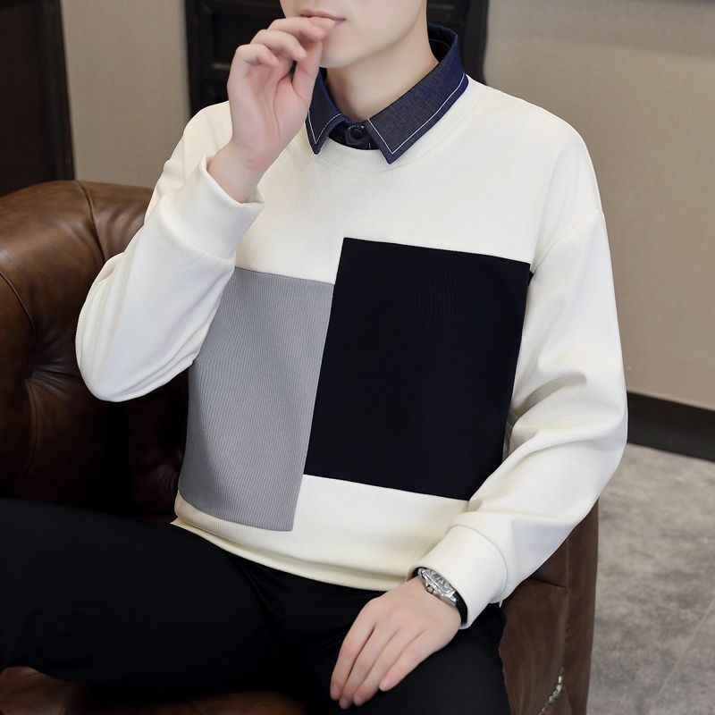 Jahitan Kerah Baju Pria T Kaus Kasual Lengan Panjang, Kaus Hangat Atasan Kerah Lengan Panjang