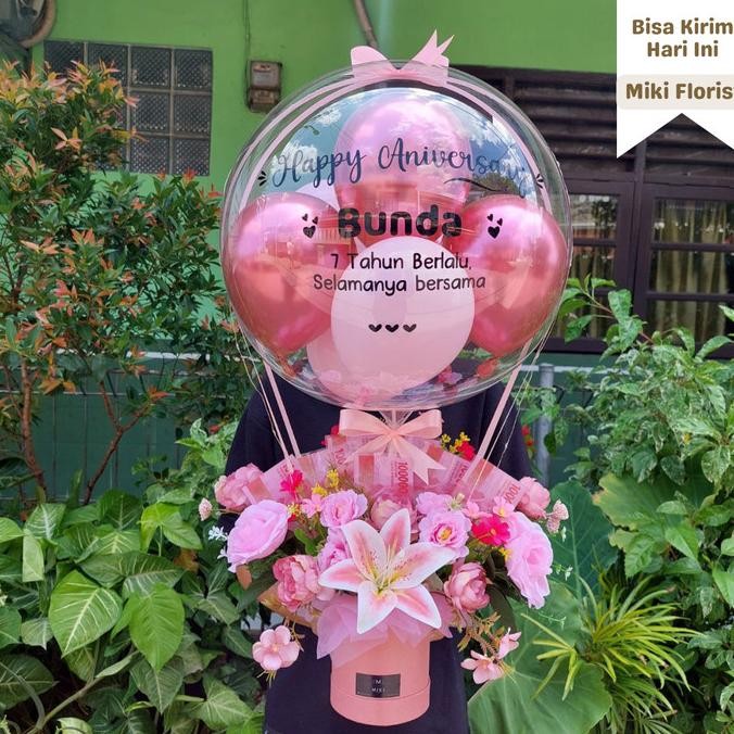 BUCKET BALON BLOOM BOX FLOWER + UANG (ISI UANG SENDIRI) - MIKI FLORIST STOK TERBATAS