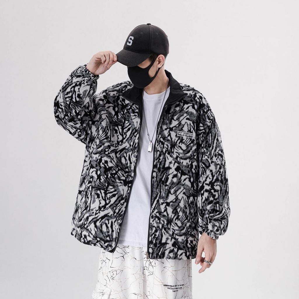 Jaket Vintage Motif Macan Tutul Reversibel, Jaket Jalan Longgar Pria dan Wanita