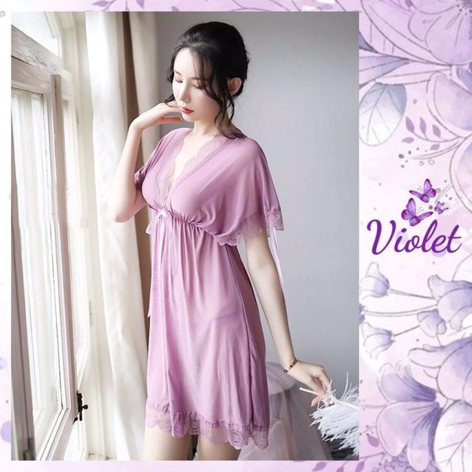 Violet Lingerie Set Wanita V Neck Jumbo + G String Seksi Babydoll 1151