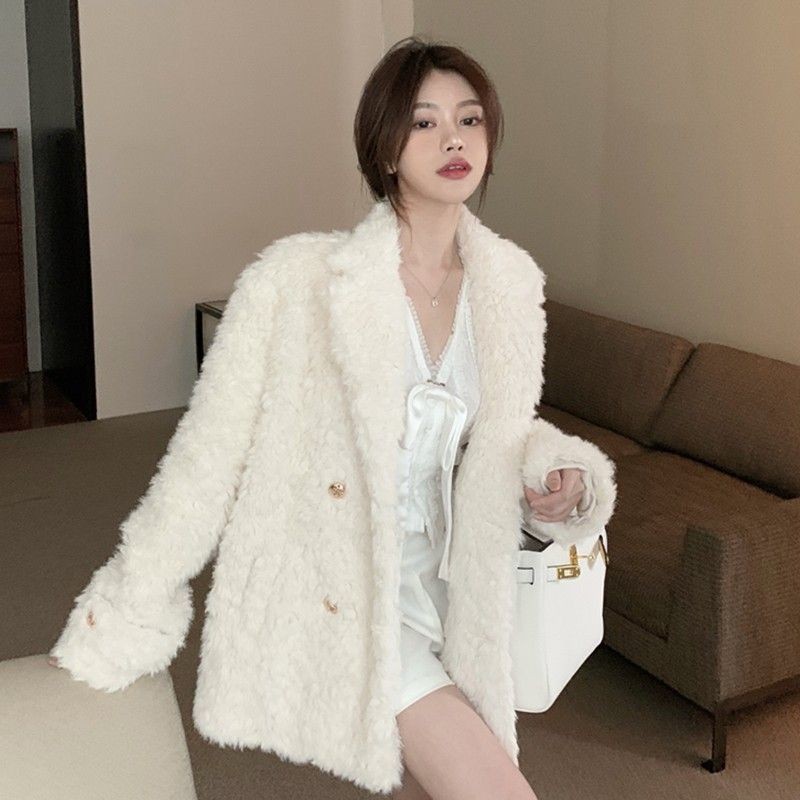 Mantel Bulu Domba Palsu Wanita, Mantel Pendek Tebal Longgar Bulu