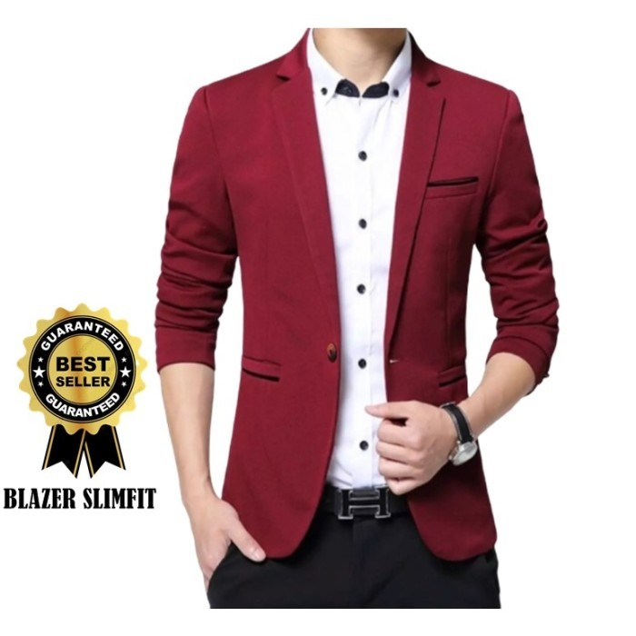 Blazer Pria Casual Jas Slimfit Merah Maroon