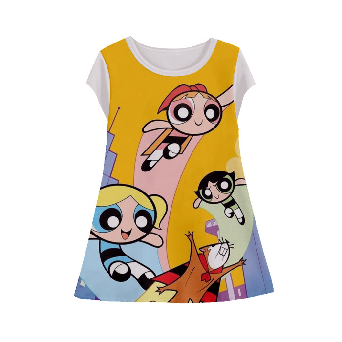 Baju Dress Kartun Anak Lengan Pendek Kartun 3D Printing The Powerpuff Girls Tunik-Powerpuff-2-design