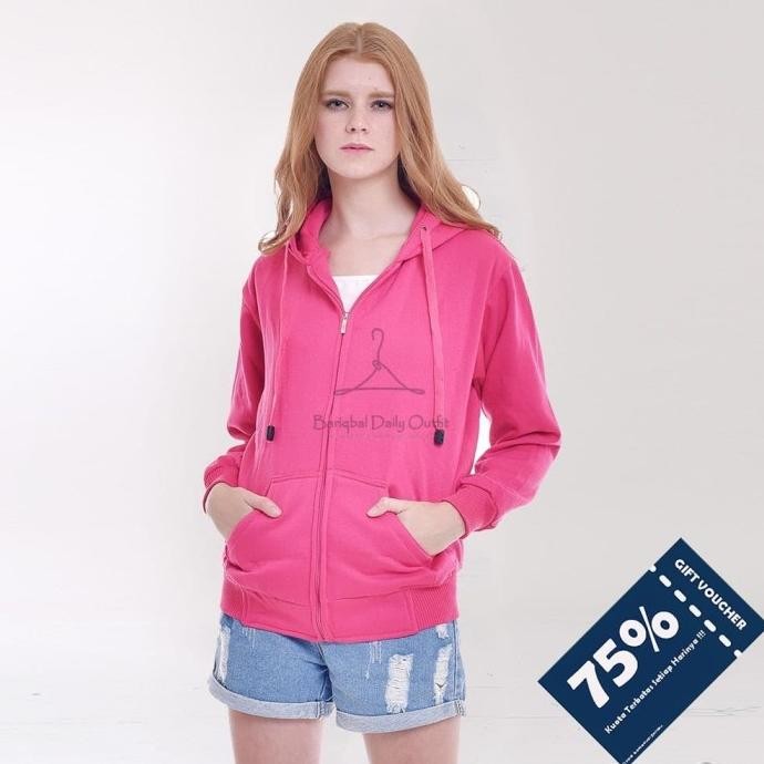JAKET HOODIE ZIPPER POLOS WARNA PINK FANTA UNTUK WANITA