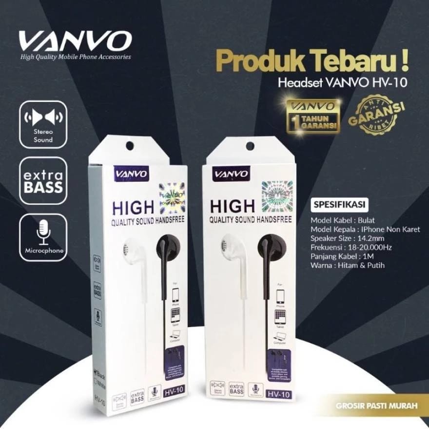 Earphone Headset Stereo Original Vanvo HV-10 Handsfree with Mic Earphone vanvo Headset
