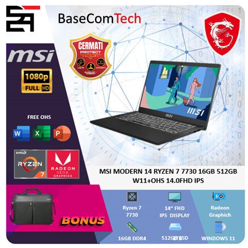Msi Modern 14 Ryzen 7 7730 RAM 16GB 512GB Windows 11+OHS 14 Inch FHD IPS