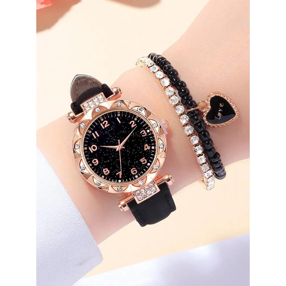 3PCS FASHION VERSATILE STARRY SKY DIAMOND EMBEDDING WOMEN'S BELT QUARTZ WATCH WITH DIAMOND EMBEDDING