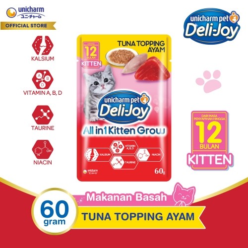 Deli-Joy Makanan Kucing Basah Pouch Kitten Tuna Topping Ayam 60g