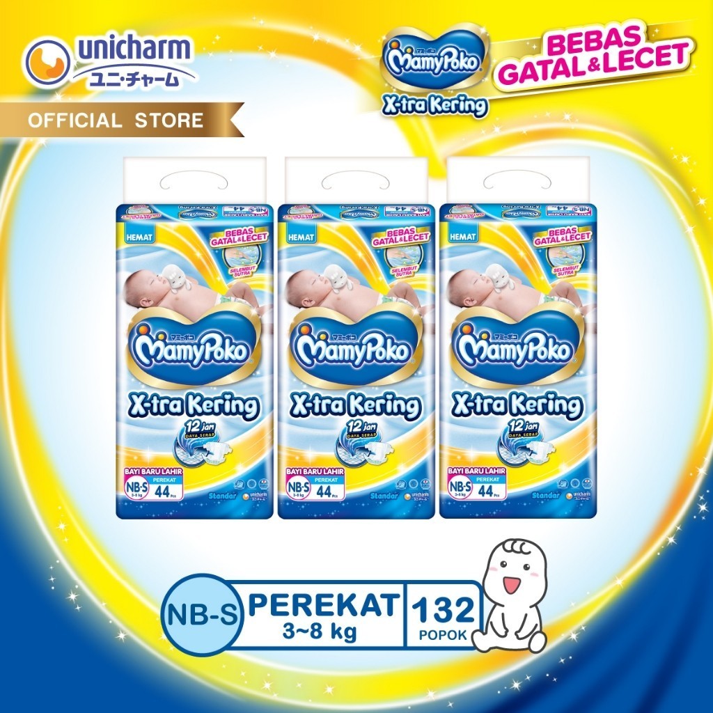 MamyPoko X-tra Kering - NB-S 44 - Popok Perekat NewBorn Bayi Baru Lahir - 3 packs
