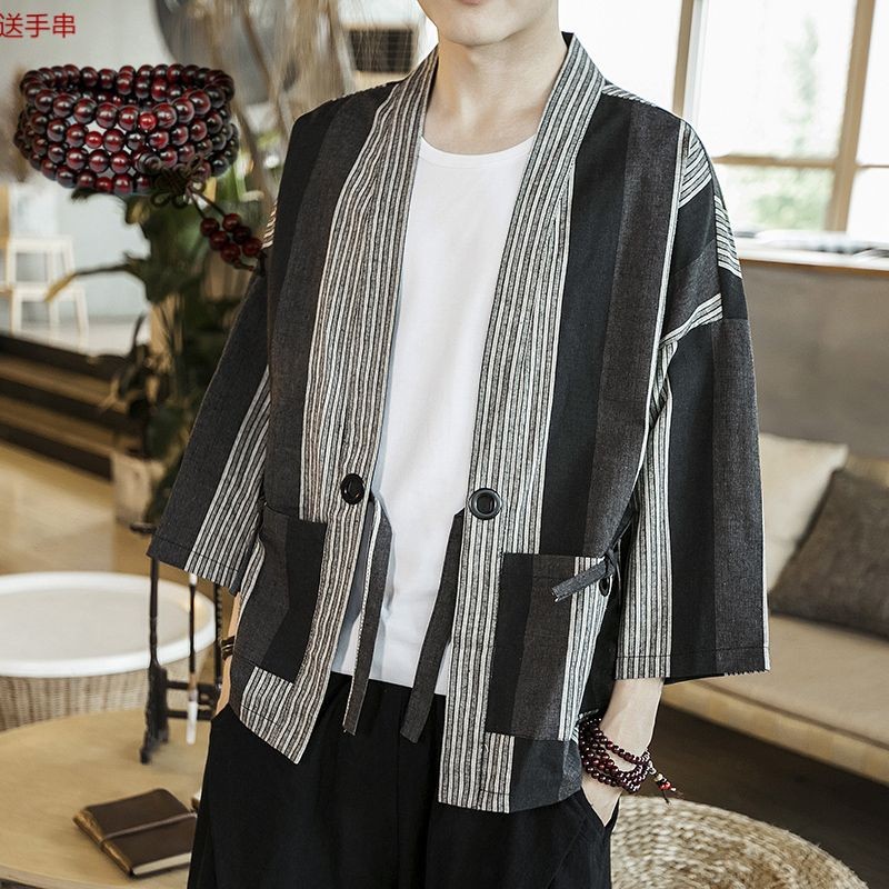 Tipis Longgar Linen Han Pakaian Cina untuk Pria Katun Linen Mantel Gaya Cina Retro Jubah Kimono Kard